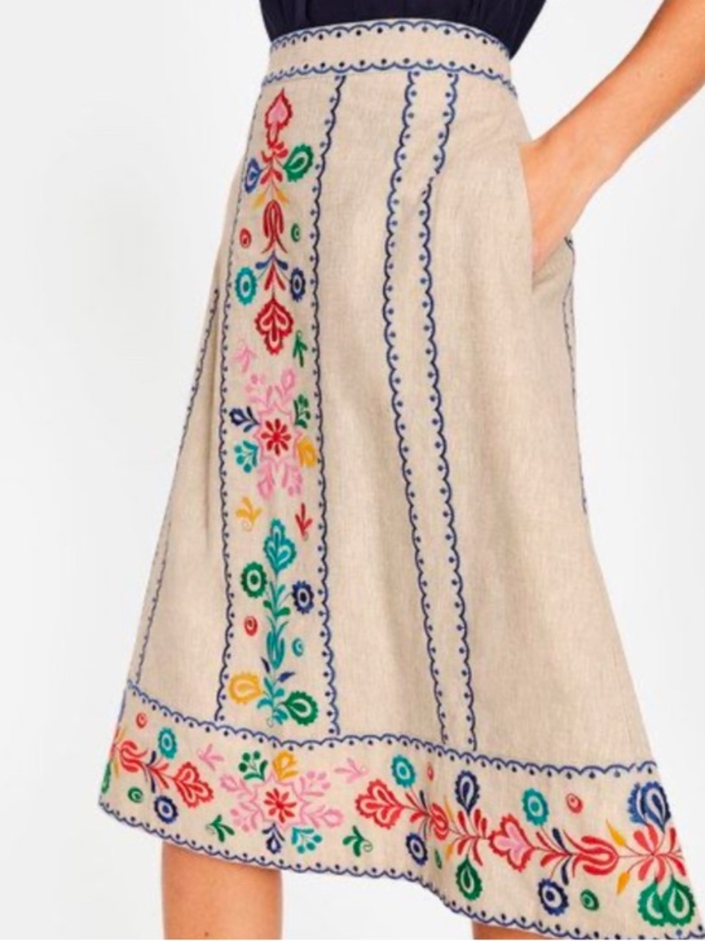 Boden Women's Size 8P Brooke Embroidered Cream Floral Midi Skirt Linen Blend - Picture 16 of 16